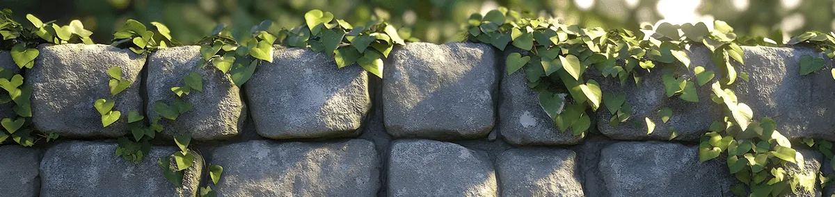 Stone retaining wall with ivy growing over the top course