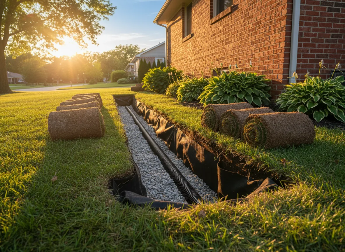 French drain trench with gravel and perforated pipe