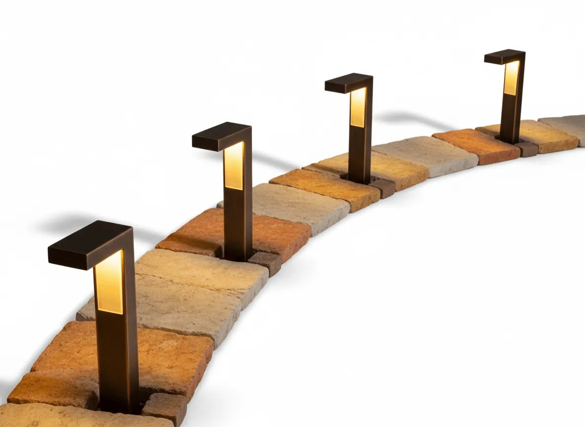 Low voltage path lights set along a paver edge