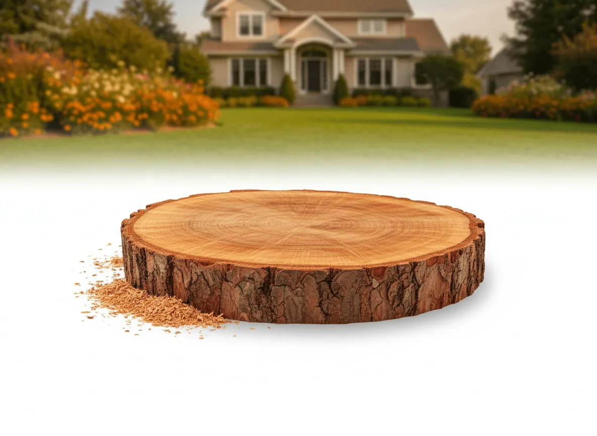 Cut section of a tree trunk in front of a lawn and house